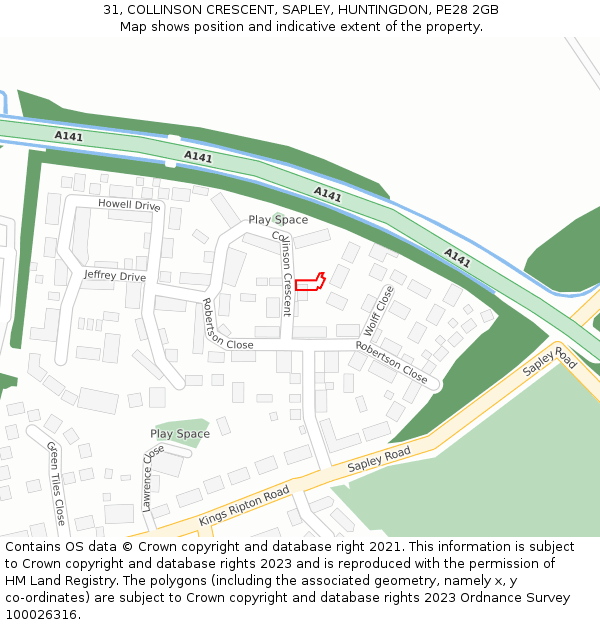 31, COLLINSON CRESCENT, SAPLEY, HUNTINGDON, PE28 2GB: Location map and indicative extent of plot