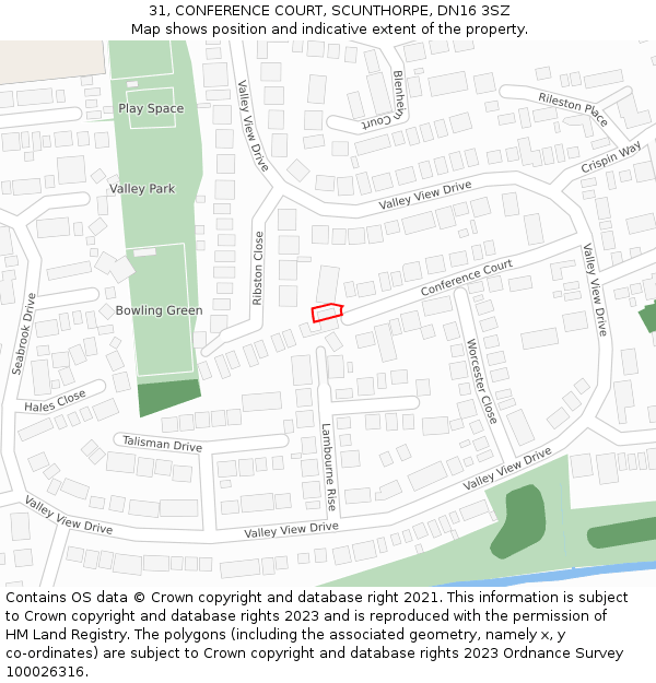 31, CONFERENCE COURT, SCUNTHORPE, DN16 3SZ: Location map and indicative extent of plot