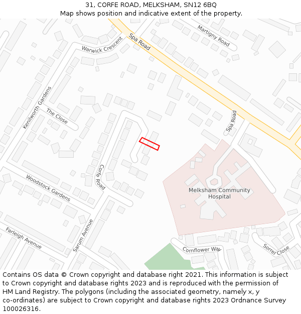 31, CORFE ROAD, MELKSHAM, SN12 6BQ: Location map and indicative extent of plot