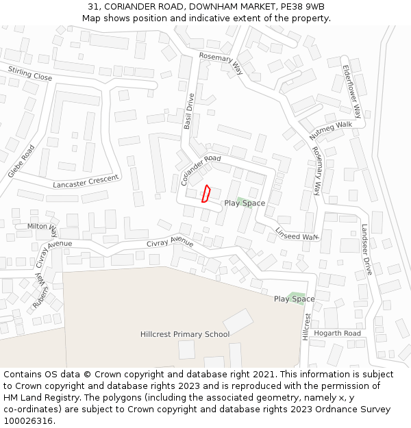 31, CORIANDER ROAD, DOWNHAM MARKET, PE38 9WB: Location map and indicative extent of plot