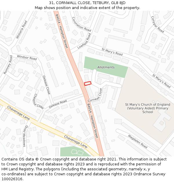 31, CORNWALL CLOSE, TETBURY, GL8 8JD: Location map and indicative extent of plot