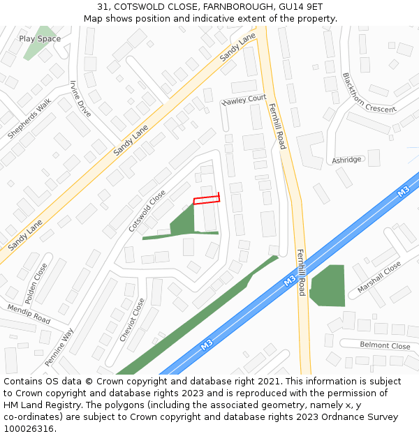 31, COTSWOLD CLOSE, FARNBOROUGH, GU14 9ET: Location map and indicative extent of plot