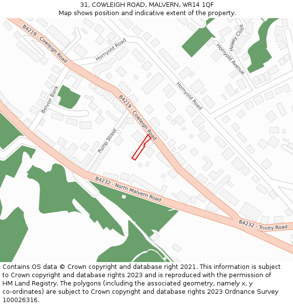 31, COWLEIGH ROAD, MALVERN, WR14 1QF: Location map and indicative extent of plot