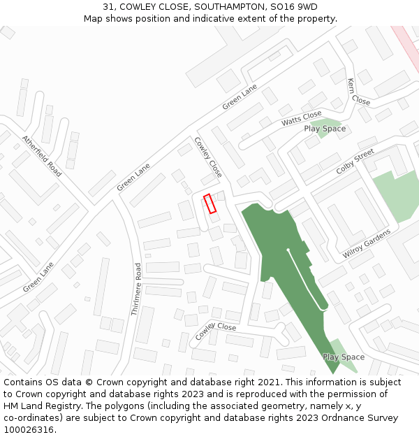 31, COWLEY CLOSE, SOUTHAMPTON, SO16 9WD: Location map and indicative extent of plot