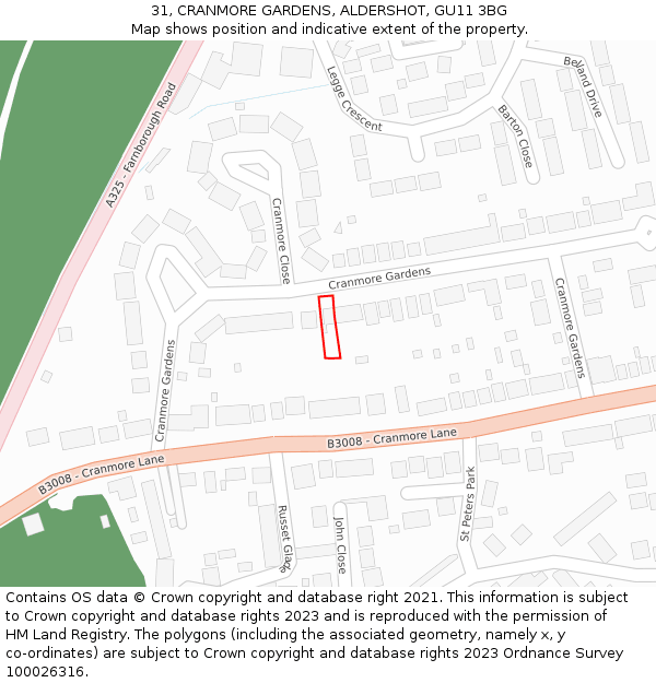 31, CRANMORE GARDENS, ALDERSHOT, GU11 3BG: Location map and indicative extent of plot
