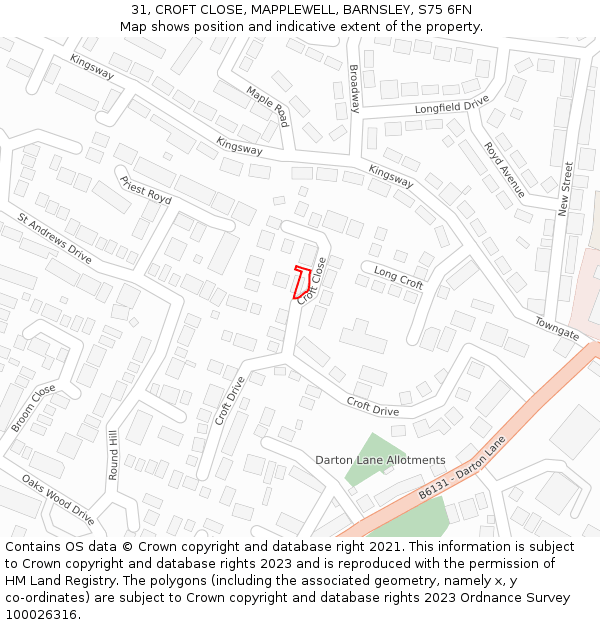 31, CROFT CLOSE, MAPPLEWELL, BARNSLEY, S75 6FN: Location map and indicative extent of plot