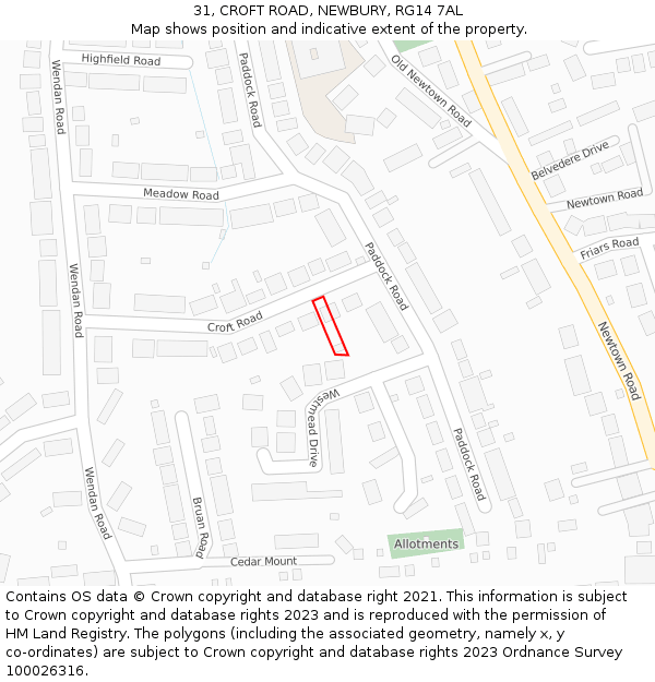 31, CROFT ROAD, NEWBURY, RG14 7AL: Location map and indicative extent of plot
