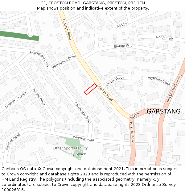 31, CROSTON ROAD, GARSTANG, PRESTON, PR3 1EN: Location map and indicative extent of plot