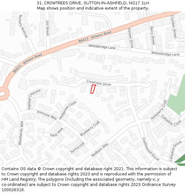 31, CROWTREES DRIVE, SUTTON-IN-ASHFIELD, NG17 1LH: Location map and indicative extent of plot