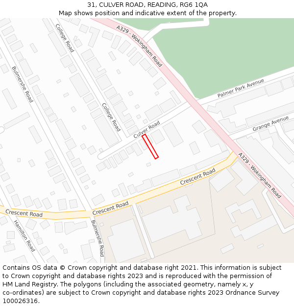 31, CULVER ROAD, READING, RG6 1QA: Location map and indicative extent of plot