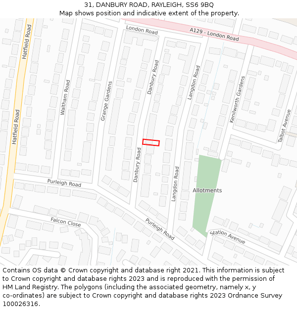 31, DANBURY ROAD, RAYLEIGH, SS6 9BQ: Location map and indicative extent of plot
