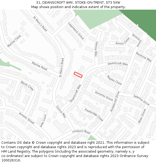 31, DEANSCROFT WAY, STOKE-ON-TRENT, ST3 5XW: Location map and indicative extent of plot