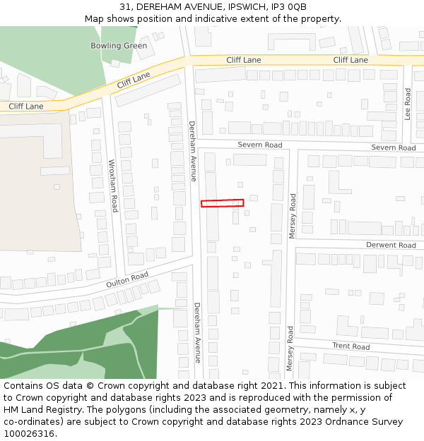 31, DEREHAM AVENUE, IPSWICH, IP3 0QB: Location map and indicative extent of plot