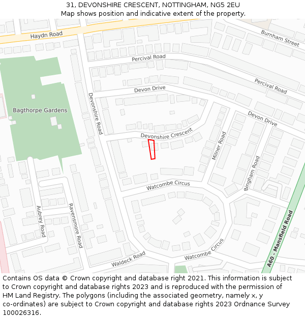 31, DEVONSHIRE CRESCENT, NOTTINGHAM, NG5 2EU: Location map and indicative extent of plot