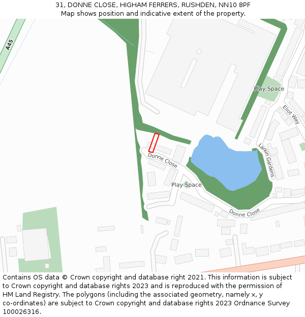 31, DONNE CLOSE, HIGHAM FERRERS, RUSHDEN, NN10 8PF: Location map and indicative extent of plot