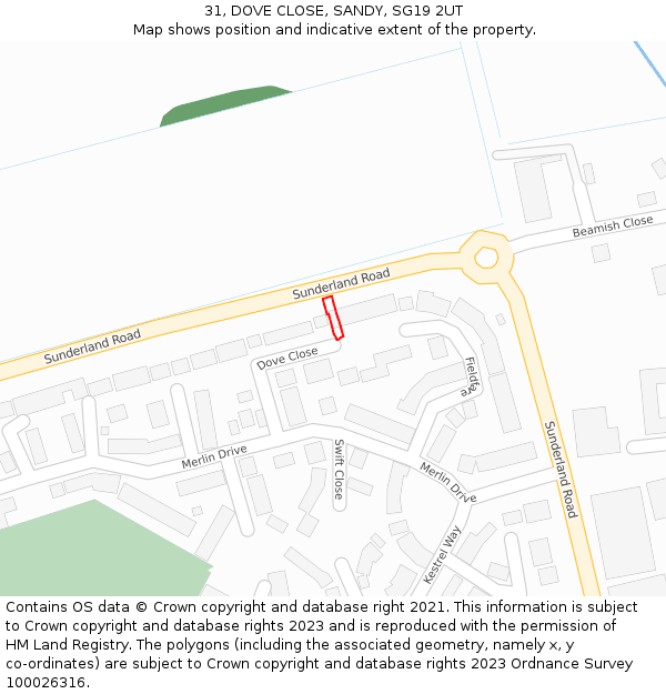 31, DOVE CLOSE, SANDY, SG19 2UT: Location map and indicative extent of plot