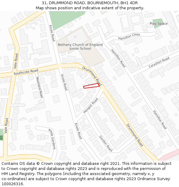 31, DRUMMOND ROAD, BOURNEMOUTH, BH1 4DR: Location map and indicative extent of plot