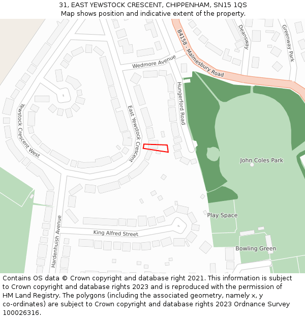 31, EAST YEWSTOCK CRESCENT, CHIPPENHAM, SN15 1QS: Location map and indicative extent of plot