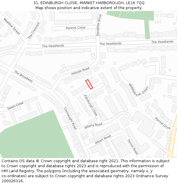 31, EDINBURGH CLOSE, MARKET HARBOROUGH, LE16 7QQ: Location map and indicative extent of plot