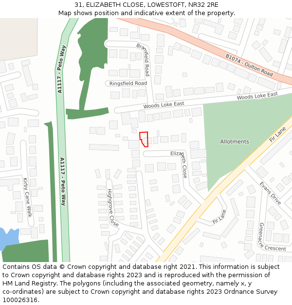 31, ELIZABETH CLOSE, LOWESTOFT, NR32 2RE: Location map and indicative extent of plot