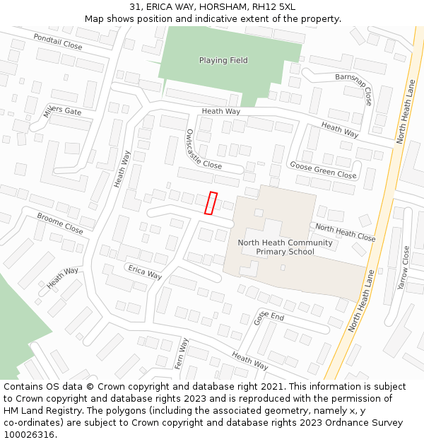 31, ERICA WAY, HORSHAM, RH12 5XL: Location map and indicative extent of plot