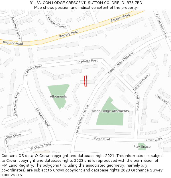 31, FALCON LODGE CRESCENT, SUTTON COLDFIELD, B75 7RD: Location map and indicative extent of plot