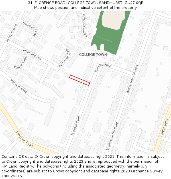 31, FLORENCE ROAD, COLLEGE TOWN, SANDHURST, GU47 0QB: Location map and indicative extent of plot