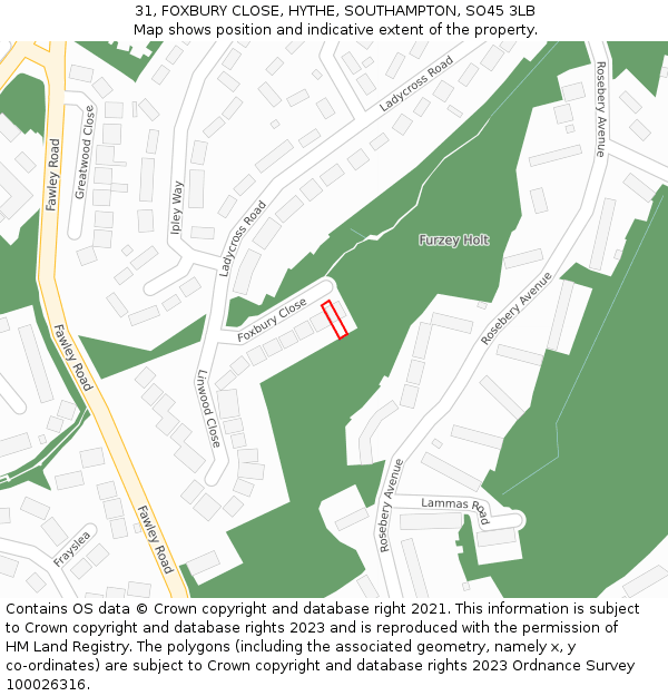 31, FOXBURY CLOSE, HYTHE, SOUTHAMPTON, SO45 3LB: Location map and indicative extent of plot