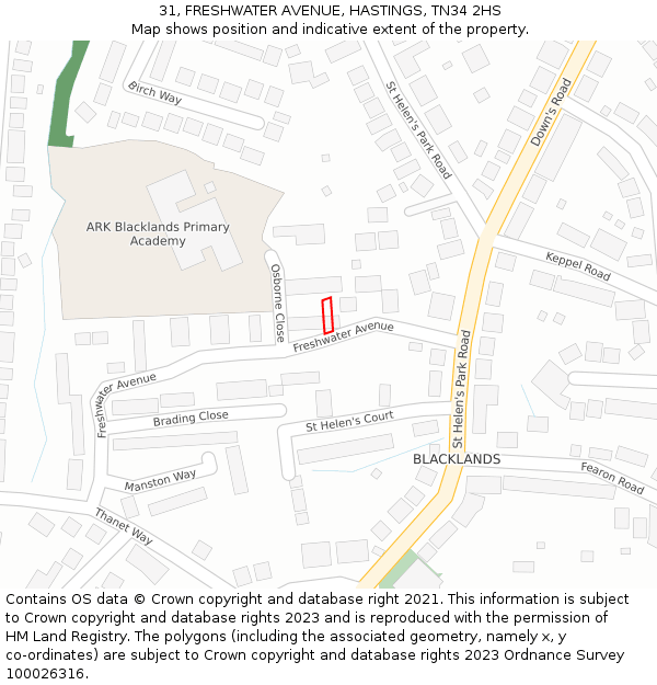 31, FRESHWATER AVENUE, HASTINGS, TN34 2HS: Location map and indicative extent of plot
