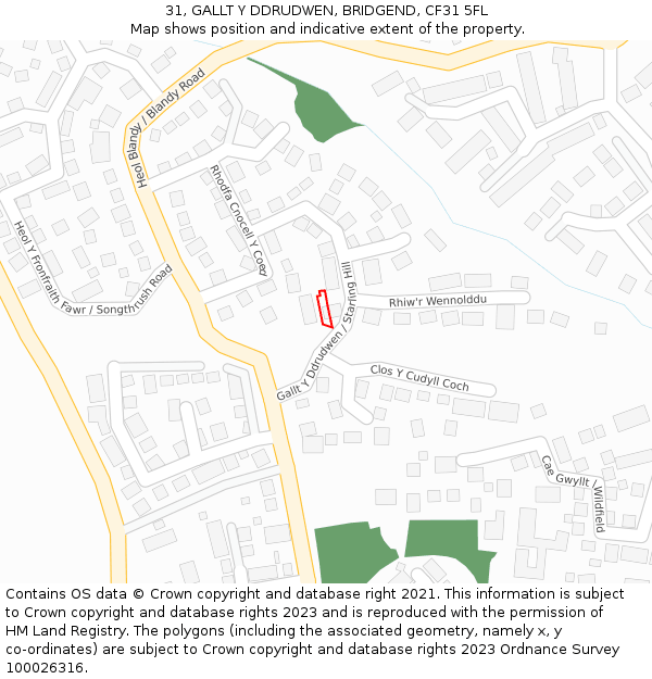 31, GALLT Y DDRUDWEN, BRIDGEND, CF31 5FL: Location map and indicative extent of plot