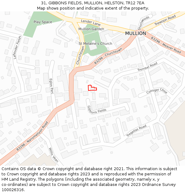 31, GIBBONS FIELDS, MULLION, HELSTON, TR12 7EA: Location map and indicative extent of plot