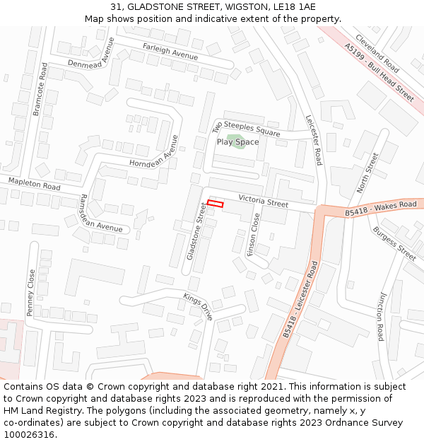 31, GLADSTONE STREET, WIGSTON, LE18 1AE: Location map and indicative extent of plot