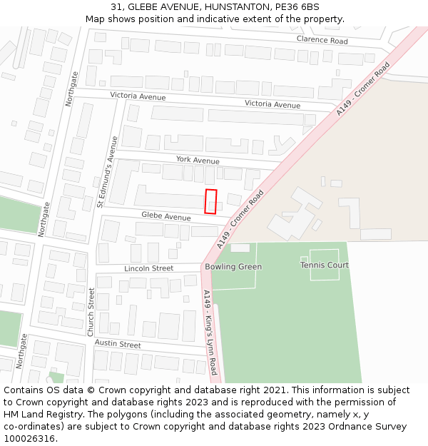31, GLEBE AVENUE, HUNSTANTON, PE36 6BS: Location map and indicative extent of plot