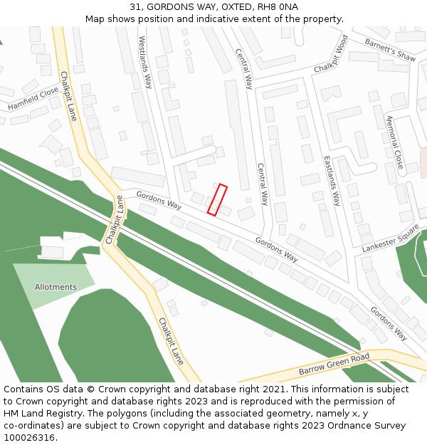 31, GORDONS WAY, OXTED, RH8 0NA: Location map and indicative extent of plot