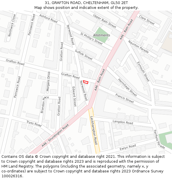 31, GRAFTON ROAD, CHELTENHAM, GL50 2ET: Location map and indicative extent of plot