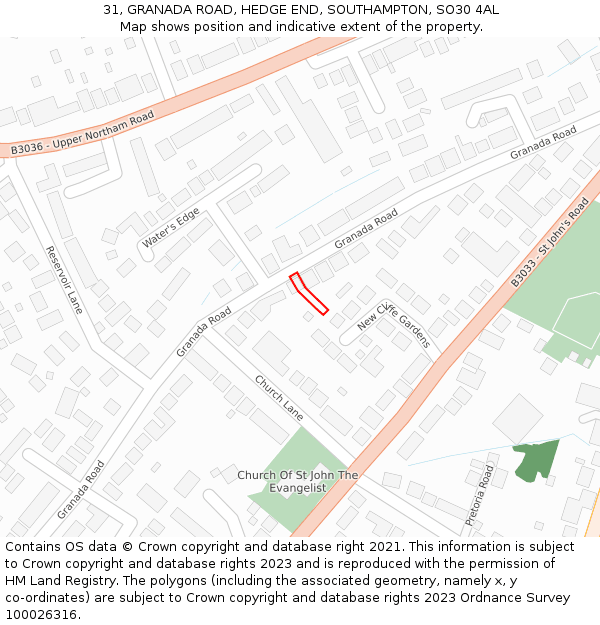 31, GRANADA ROAD, HEDGE END, SOUTHAMPTON, SO30 4AL: Location map and indicative extent of plot