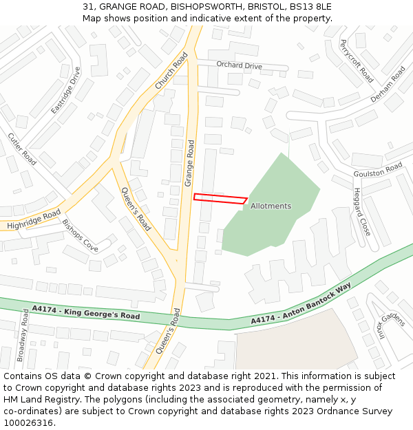 31, GRANGE ROAD, BISHOPSWORTH, BRISTOL, BS13 8LE: Location map and indicative extent of plot