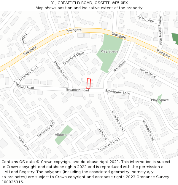 31, GREATFIELD ROAD, OSSETT, WF5 0RX: Location map and indicative extent of plot