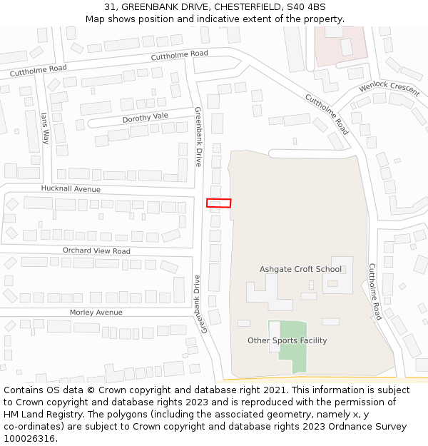 31, GREENBANK DRIVE, CHESTERFIELD, S40 4BS: Location map and indicative extent of plot