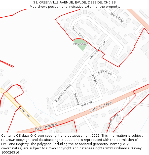 31, GREENVILLE AVENUE, EWLOE, DEESIDE, CH5 3BJ: Location map and indicative extent of plot