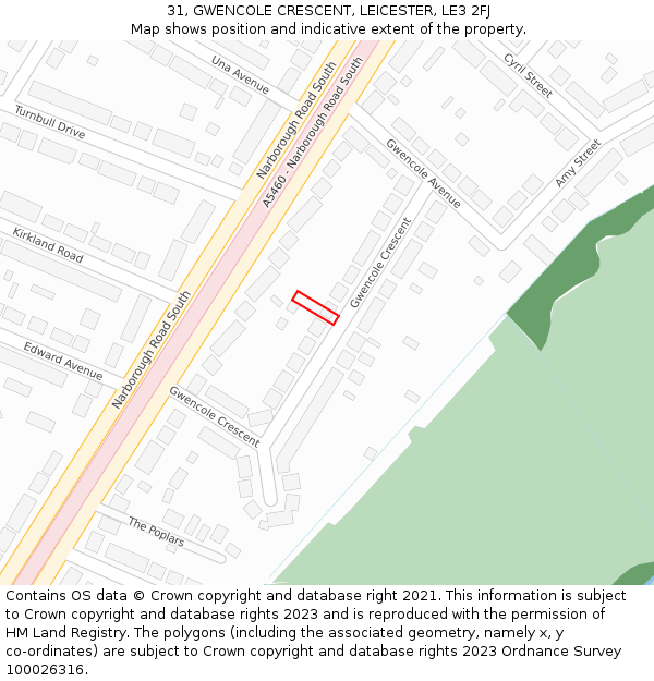 31, GWENCOLE CRESCENT, LEICESTER, LE3 2FJ: Location map and indicative extent of plot