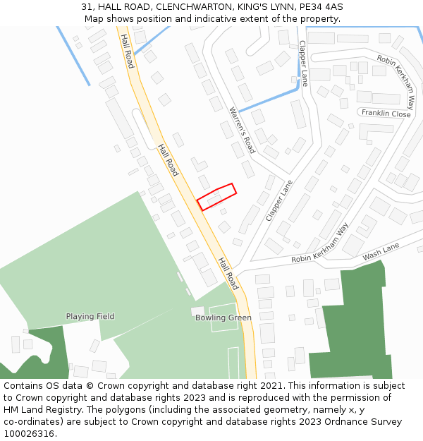 31, HALL ROAD, CLENCHWARTON, KING'S LYNN, PE34 4AS: Location map and indicative extent of plot