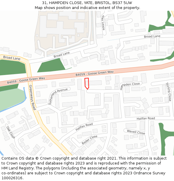 31, HAMPDEN CLOSE, YATE, BRISTOL, BS37 5UW: Location map and indicative extent of plot