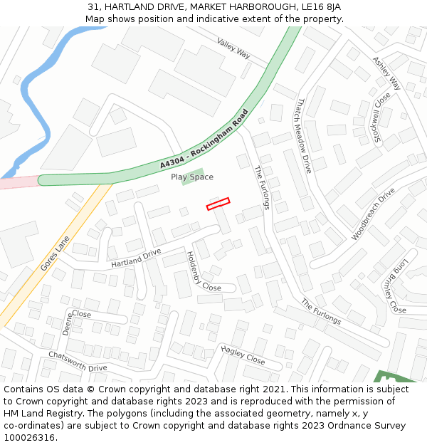 31, HARTLAND DRIVE, MARKET HARBOROUGH, LE16 8JA: Location map and indicative extent of plot