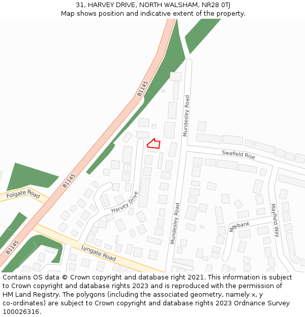 31, HARVEY DRIVE, NORTH WALSHAM, NR28 0TJ: Location map and indicative extent of plot