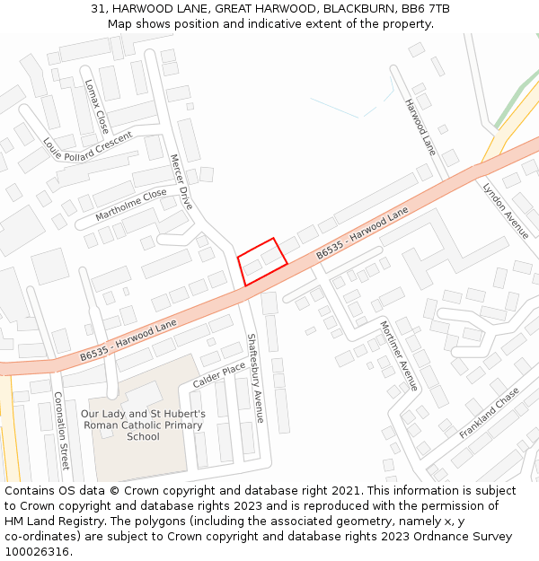 31, HARWOOD LANE, GREAT HARWOOD, BLACKBURN, BB6 7TB: Location map and indicative extent of plot