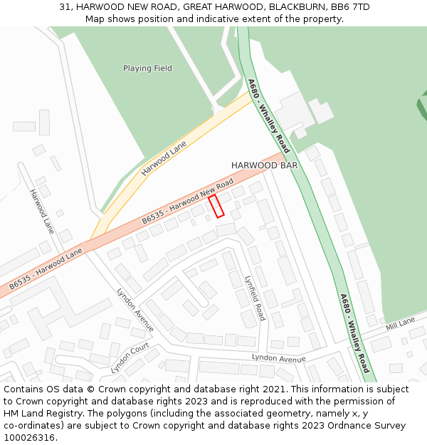 31, HARWOOD NEW ROAD, GREAT HARWOOD, BLACKBURN, BB6 7TD: Location map and indicative extent of plot