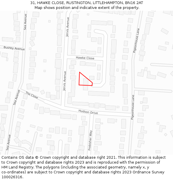 31, HAWKE CLOSE, RUSTINGTON, LITTLEHAMPTON, BN16 2AT: Location map and indicative extent of plot