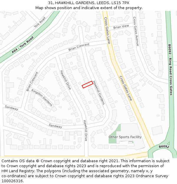 31, HAWKHILL GARDENS, LEEDS, LS15 7PX: Location map and indicative extent of plot