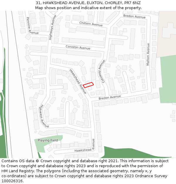 31, HAWKSHEAD AVENUE, EUXTON, CHORLEY, PR7 6NZ: Location map and indicative extent of plot